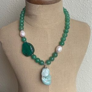 Green Agate Bead Amazonite Pendant Pearl Asymmetrical Necklace